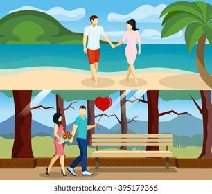 Horizontales Banner-Set mit Liebhabern, die gemeinsam am Strand und im Park laufen, Vektorgrafik