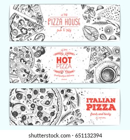 Horizontal banner set with pizza and product for cooking pizza. Italian food menu design template. Vintage hand drawn sketch vector illustration. Engraved style.