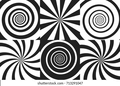 Horizontal banner set of psychedelic spiral with radial rays, twirl, twisted comic effect, vortex backgrounds. Vector illustration. Design elements.