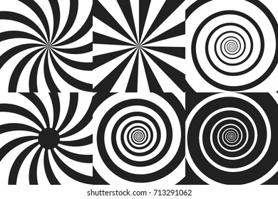 Horizontal banner set of psychedelic spiral with radial rays, twirl, twisted comic effect, vortex backgrounds. Vector illustration. Design elements.
