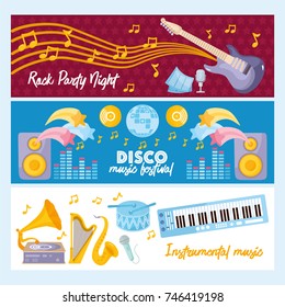 Horizontal banner set. Rock party night, Disco music festival. Concert or festival banner. Creative design with rock guitar, disco ball, synthesizer drums and other musical instruments.