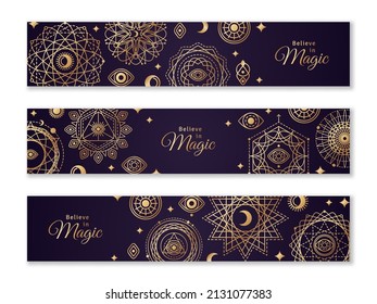 Horizontal Banner set with Sacred Geometry Forms, Moon and Sun. Vector illustration. Geometric Occult Design, Gold Alchemy Symbol, Golden Witch and Mystic Signs on Black Background. Esoteric Prints