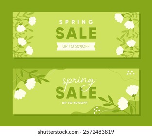 Horizontal banner set for Spring sale with flowers and leaves on green background. Vector illustration templates for seasonal discounts in stores. Perfect for promoting sales and special offers