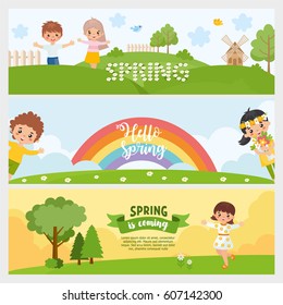 Plantilla de conjunto de banners horizontales. Paisaje natural de primavera. Coloque el texto. Ilustración vectorial con árboles de flores, niños lindos, arcoiris y otros elementos primaverales.