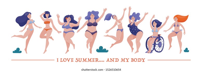 Horizontal Banner With Set Of Various Women, Slim, Chubby And Plus Size, Dancing Happily In Bikini, Swimsuits, Body Positivity And Self Acceptance Concept, Flat Cartoon Vector Illustration