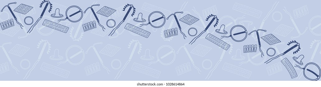 horizontal banner from a set of vector contraceptives the choice of intrauterine devices, pills, rings, spiral intrauterine, vaginal suppositories to prevent pregnancy for a doctor and gynecological 