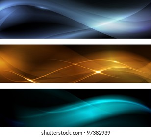 Horizontal banner set. Wavy patterns on dark background with light effects. EPS10