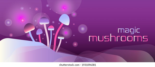 Horizontal banner with shiny magic unreal mushrooms and sparks on dark blurred purple background. Vector illustration