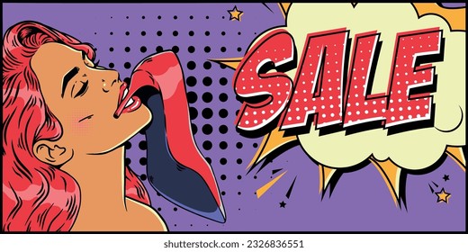 Horizontal banner for shoe store. Vector popart handdrawn illustration. Young tanned white beautiful woman with red hair holds shoe in her teeth with thin stiletto heel. Sale. Speech bubble with cloud