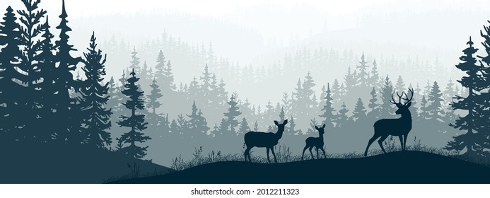 Horizontal banner. Silhouette of deer, doe, fawn standing on meadow in forrest. Silhouette of animal, trees, grass. Magical misty landscape, fog. Blue and gray illustration. Bookmark. - Shutterstock ID 2012211323