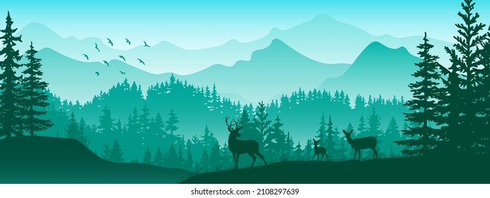 Banner horizontal. Silhouette de ciervo, doe, fawn parado en la pradera. Montañas y bosque en el fondo. Magico paisaje de niebla, árboles, animales, hierba. Ilustración verde, marcador. 