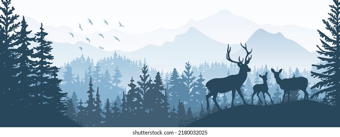 Horizontal banner. Silhouette of deer, doe, fawn standing on meadow in forrest. Silhouette of animal, trees, grass. Magical misty landscape, fog, mountains. Blue illustration. Bookmark.