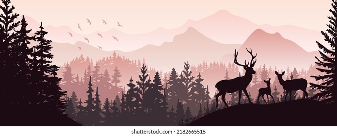 Horizontal banner. Silhouette of deer, doe, fawn standing on meadow in forrest. Silhouette of animal, trees, grass. Magical misty landscape, fog, mountains. Violet illustration. Bookmark.