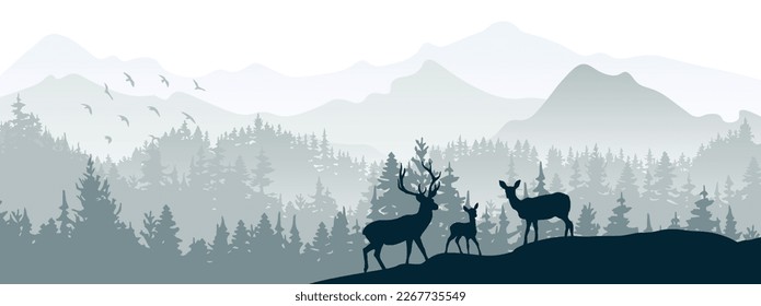 Horizontal banner. Silhouette of deer, doe, fawn standing on hill, forest and mountains in background. Magical misty landscape, fog. Blue and gray illustration. Bookmark.