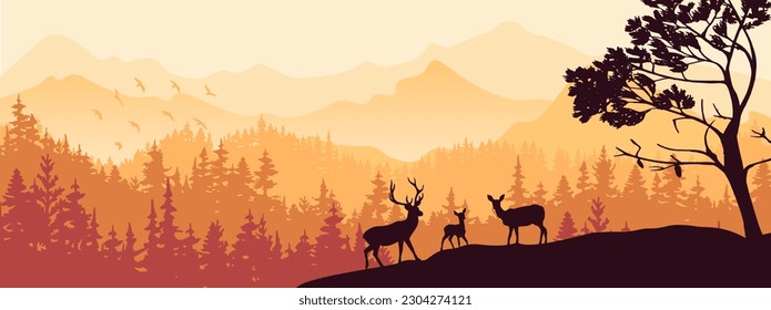 Horizontal banner. Silhouette of deer, doe, fawn standing on hill, forest and mountains in background. Magical misty landscape, fog. Illustration. Bookmark.