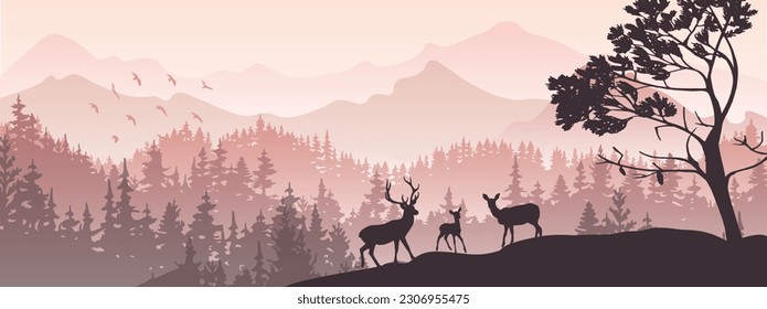 Horizontal banner. Silhouette of deer, doe, fawn standing on hill, forest and mountains in background. Magical misty landscape, fog. Violet illustration. Background.