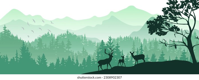 Horizontal banner. Silhouette of deer, doe, fawn standing on hill, forest and mountains in background. Magical misty landscape, fog. Green illustration. Background.