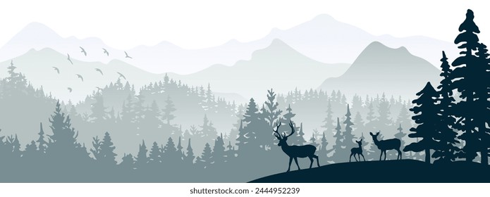 Horizontal banner. Silhouette of deer, doe, fawn standing on hill, forest and mountains in background. Magical misty landscape, fog. Gray illustration. Background.