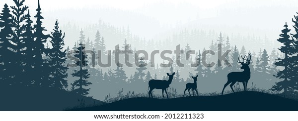 Panorama wallpaper. Silhouette of deer, doe, fawn standing on meadow in forrest. Silhouette of animal, trees, grass. Magical misty landscape, fog. Blue and gray illustration. Bookmark.