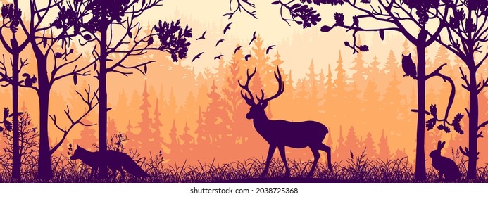 Horizontal banner. Silhouette of deer, fox, hare standing on meadow in forrest. Silhouette of animals, trees, grass. Magical misty landscape, fog. Orange, black and brown illustration. Bookmark.