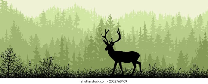 Horizontal banner. Silhouette of deer standing on meadow in forrest. Silhouette of animal, trees, grass. Magical misty landscape, fog. Green, black illustration. Bookmark.