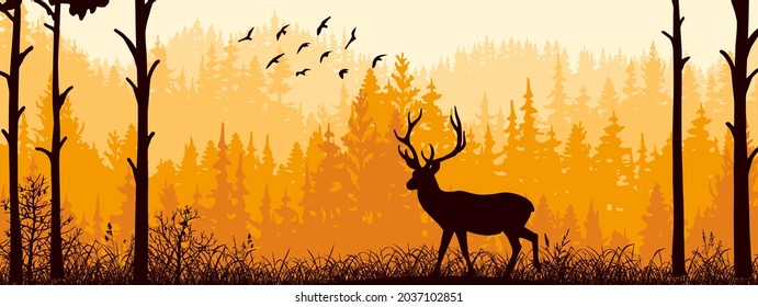 Banner horizontal. Silhouette de ciervos parados en la pradera en el bosque. Silhouette de animal, árboles, hierba. Magico paisaje de niebla, niebla. Ilustración naranja, negra y marrón. Marcador.