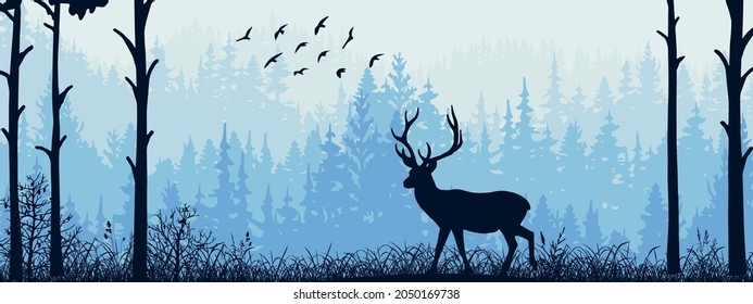 Horizontal banner. Silhouette of deer standing on meadow in forrest. Silhouette of animal, trees, grass. Magical misty landscape, fog. Blue and gray illustration. Bookmark.