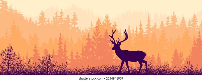 Horizontal banner. Silhouette of deer standing on meadow in forrest. Silhouette of animal, trees, grass. Magical misty landscape, fog. Orange, black and pink illustration. Bookmark.