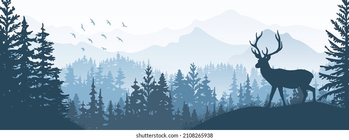 Horizontal banner. Silhouette of deer standing on grass hill. Mountains and forest in the background. Magical misty landscape, trees, animal. Blue illustration, bookmark. 