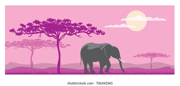 Horizontal banner silhouette elephant savannah, vector illustration cartoon