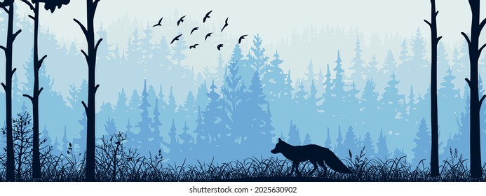 Horizontal banner. Silhouette of fox standing on meadow in forrest. Silhouette of animal, trees, grass. Magical misty landscape, fog. Blue and gray illustration. Bookmark.