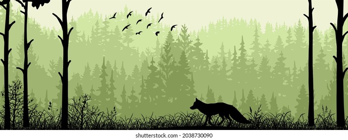 Horizontal banner. Silhouette of fox standing on meadow in forrest. Silhouette of animal, trees, grass. Magical misty landscape, fog. Black and green illustration. Bookmark.