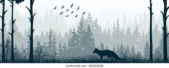 Horizontal banner. Silhouette of fox standing on meadow in forrest. Silhouette of animal, trees, grass. Magical misty landscape, fog. Blue and gray illustration. Bookmark.