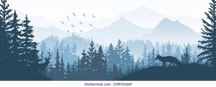 Horizontaler Banner. Silhouette von Fuchs, der auf einem Grasberg steht. Berge und Wald im Hintergrund. Magische, unangenehme Landschaft, Bäume, Tiere. Blaue Illustration, Lesezeichen. 