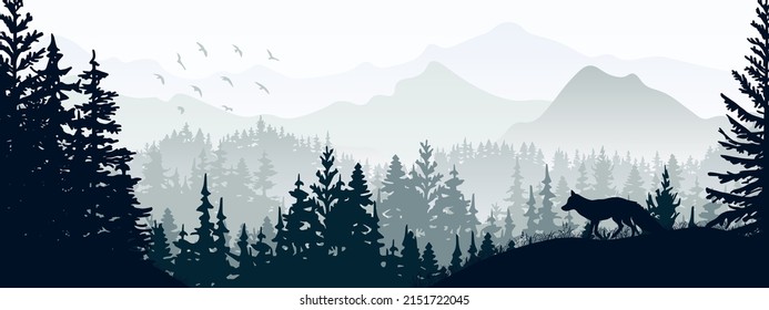 Horizontal banner. Silhouette of fox standing on grass hill. Mountains and forest in the background. Magical misty landscape, trees, animal. Gray illustration, bookmark. 