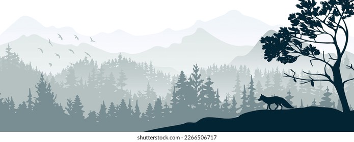 Horizontal banner. Silhouette of fox standing on hill. Mountains and forest in the background. Magical misty landscape, trees, animal. Gray illustration, banner. 