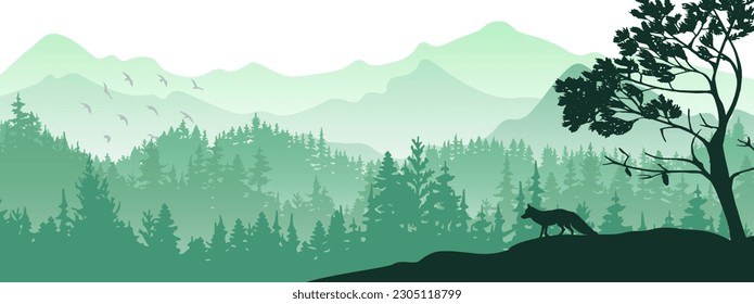 Horizontal banner. Silhouette of fox standing on hill. Mountains and forest in the background. Magical misty landscape, trees, animal. Green illustration, banner.