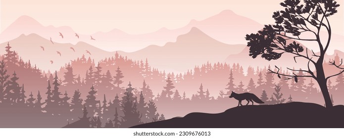Horizontal banner. Silhouette of fox standing on hill. Mountains and forest in the background. Magical misty landscape, trees, animal. Violet illustration, banner.