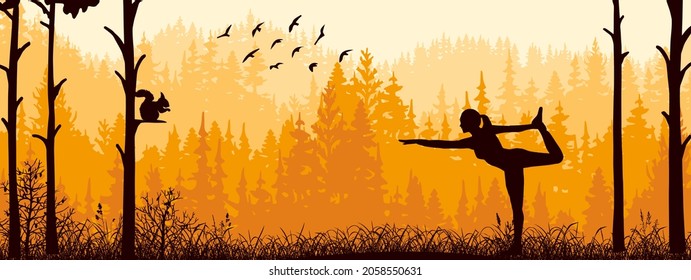 Horizontal banner. Silhouette of girl practicing yoga on meadow in forrest. Yoga sun salutation. Healthy lifestyle, trees, grass. Magical misty landscape, fog. Orange illustration. 