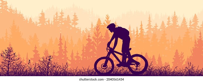 Horizontal banner. Silhouette of mountain bike rider on meadow in forrest. Silhouette of biker, trees, grass. Magical misty landscape, fog. Orange, violet, pink illustration. Bookmark.