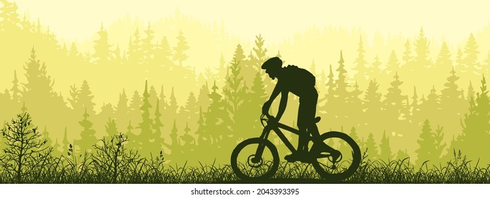 Horizontaler Banner. Silhouette Mountainbike-Reiter auf der Wiese im Wald. Silhouette von Biker, Bäumen, Gras. Magische Nebellandschaft, Nebel. Schwarze, grüne, gelbe Abbildung. Lesezeichen.