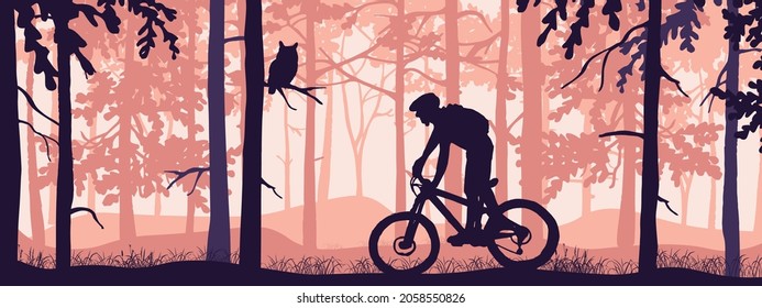 Horizontal banner. Silhouette of mountain bike rider in magical misty forest. Wild nature landscape. Owl on branch. Pink illustration.