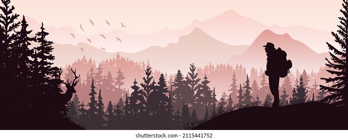Horizontal banner. Silhouette of tourist with backpack stands on meadow in forrest, watch deer. Mountains and trees in background. Magical misty landscape, fog. Pink, violet illustration. Bookmark.