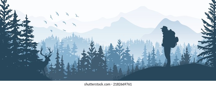 Horizontal banner. Silhouette of tourist with backpack stands on meadow in forrest, watch deer. Mountains and trees in background. Magical misty landscape, fog. Blue, gray illustration. Bookmark.