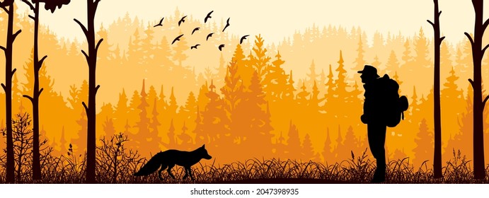 Horizontal banner. Silhouette of tourist and fox standing on meadow in forrest. Silhouette of man, animal, trees, grass. Magical misty landscape, fog. Orange and brown illustration. Bookmark.