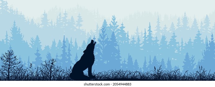 Banner horizontal. Silhouette de lobo parado en la pradera en el bosque. Silhouette de animal, árboles, hierba. Magico paisaje de niebla, niebla. Ilustración azul y gris. Marcador.