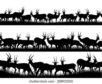 Horizontal banner silhouettes of herd of antelope grazing in meadow.