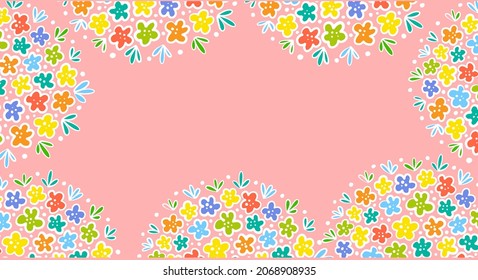 Horizontal banner. Simple multicolored flowers on a pink background.