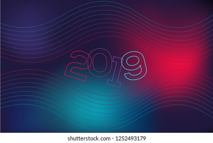 Horizontal banner, site, page cover. Text 2019 on wavy, geometric background, modern gradient, curved shape, in blue and red neon hues