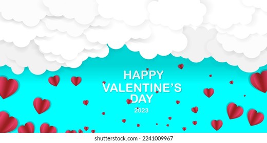 Horizontal banner with sky and paper cut clouds. Place for text. Happy Valentine's day sale header or voucher template with hearts. Rose cloudscape border frame pastel colors.